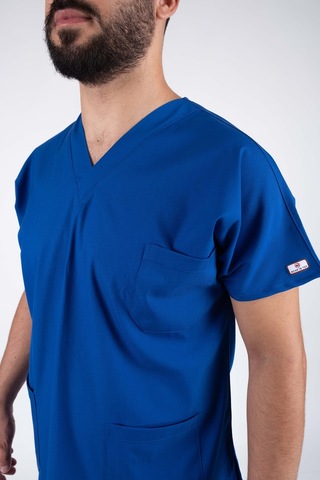 Saks Mavi Erkek Likralı Hemşire Ve Doktor Forması Takımı Scrubs Hastane Üniforması