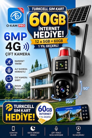 O-kam 7015 4g 6mp Dual Lens Güneş Panelli Solar Sirenli Güvenlik Kamerası 1 Yıl İnternet