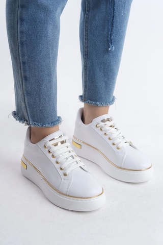 Mevese Elora Bağcıklı Konfor Taban Kadın Sneaker Beyaz/altın