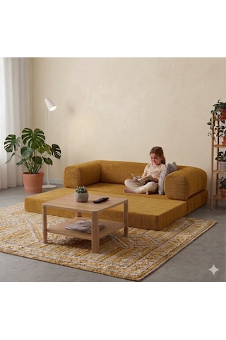Herev 160x80 Sünger Koltuk İki Kişilik Kanepe Yataklı Yıkanabilir Kadife Kumaşlı Hardal Sarı