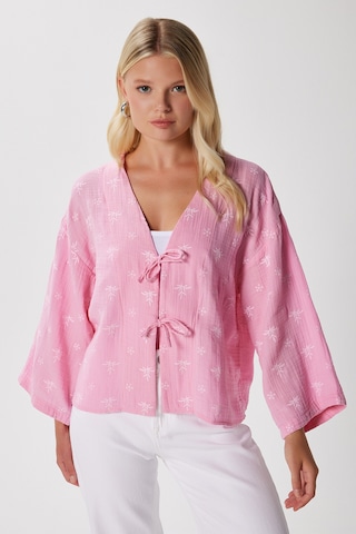 Ritnice Kadin Flora Müslin Kabartma Dokulu Pembe Kimono Pembe