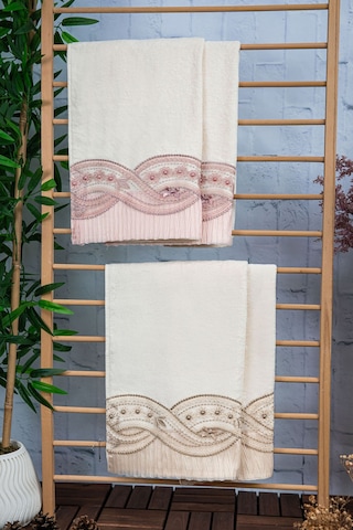 %100 Pamuk Fiyonk Güpürlü Çeyizlik 4'lü Havlu 50x90 - Pudra - Viz Pudra - Vizon