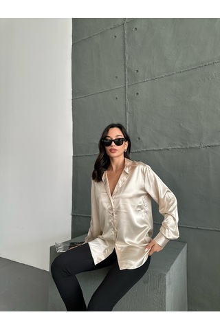 Kadın Oversize Taş Renk Saten Gömlek-taş Taş