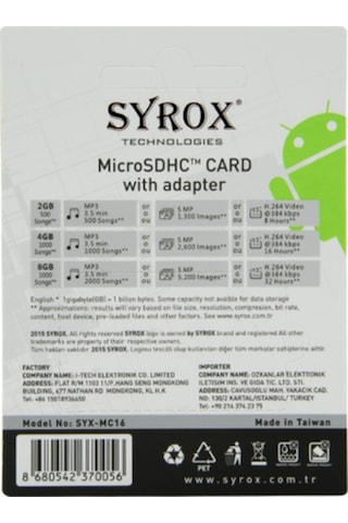 Syrox 16 GB MicroSDHC Class 10 UHS-I Hafıza Kartı + Adaptör