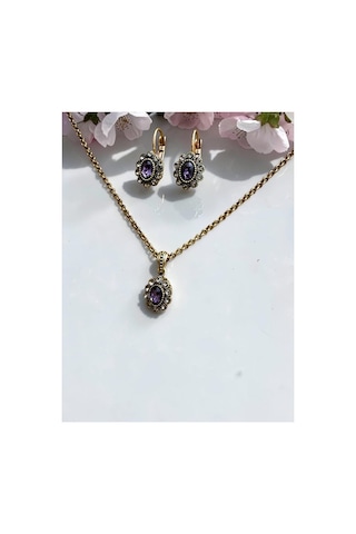 Kristal Taşlı Oval Kolye Ve Küpe Seti Mor
