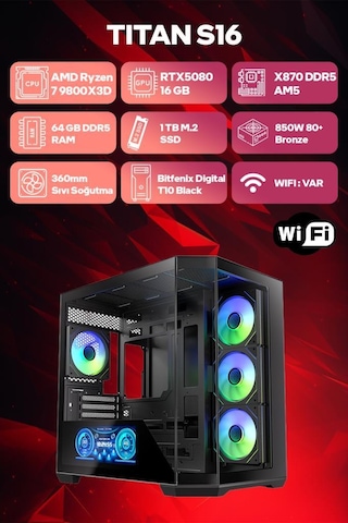 Game Garaj Titan S16 R7-9800X3D 64 GB 1 TB SSd RTX5080 Dos Oem Paket Masaüstü Oyuncu Bilgisayarı