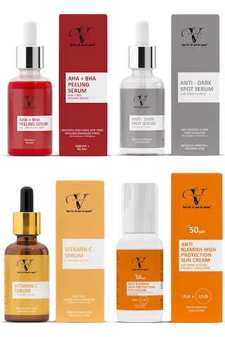 Vitanova Aha-Bha Peeling Serum 30 ML + Dark Spot Serum 30 ML + Vitamin C serum 30 ML + Leke Karşıtı Güneş Kremi SPF50+ 50 ML