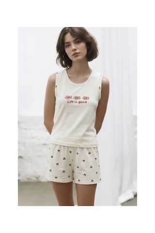 Feg Store Kadın Ekru Kiraz Ve Çiçek Desenli Şortlu Sıfır Kollu Alt Üst Pijama Takımı