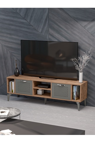 Tv Sehpası 160 Cm Modern Çok Amaçlı Dolaplı Raflı Televizyon Ünitesi Linya Gümüş Ceviz Antrasit
