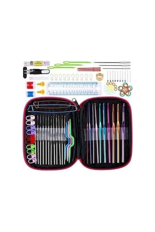 Flybuy Set 100 Adet Kırmızı Gül Desenli Örgü Alet Seti - Tığ İşi Aksesuarlar 100'ü 1 Arada