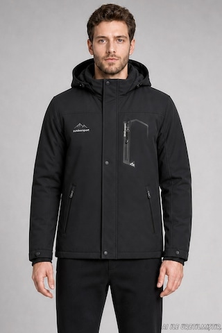 Freemen Erkek Kapüşonlu İçi Kürklü Su Ve Rüzgar Geçirmez Outdoor Softshell Mont-414 Siyah