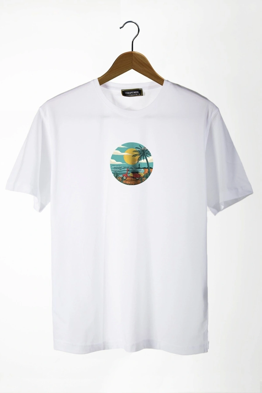 Veaven Unisex Beyaz Bisiklet Yaka Önü Scooter Baskılı Oversize T-shirt Beyaz