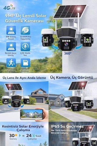 Uniywell 9mp 3 Lens 4g/wifi Sim Kartlı Güneş Enerjili Güvenlik Kamerası Aı İnsan Takibi, İki Yönlü Ses, Kablosuz