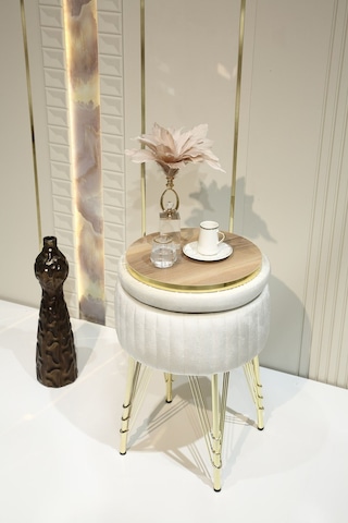Bianco Metal Ayaklı Puflu Zigon Sehpa Altın Kırık Beyaz Gold Off White