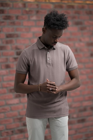 Regular Fit Likralı Kendinden Çizgili Polo Yaka T-shirt Vizon