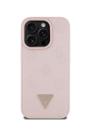 Apple Uyumlu iPhone 15 Pro Max Kılıf Guess Lisanslı Magsafe Özellikli Üçgen Logolu Pu Deri Peony Kapak Pembe