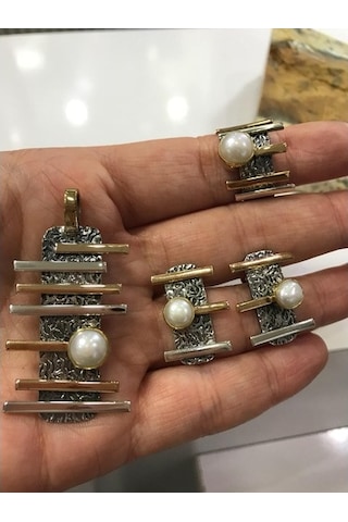 İnci Taşlı Gümüş Set 925 Ayar Doğal Taş