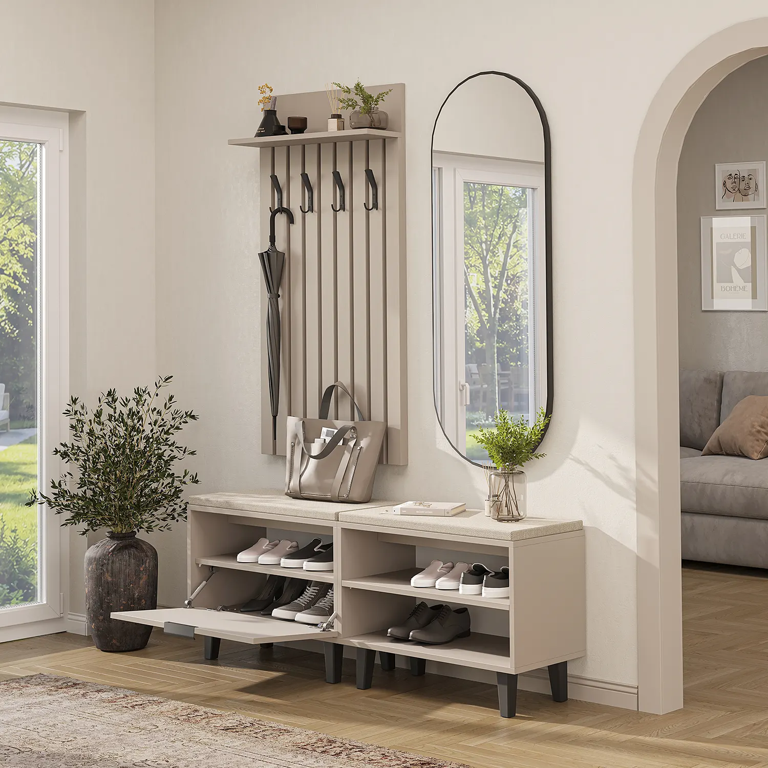 Nord Vestiyer Takımı Kapaklı Ve Kapaksız Bench,lambri Askılıklı, Modüler, Oval Aynalı Portmanto Takımı Kumtaşı