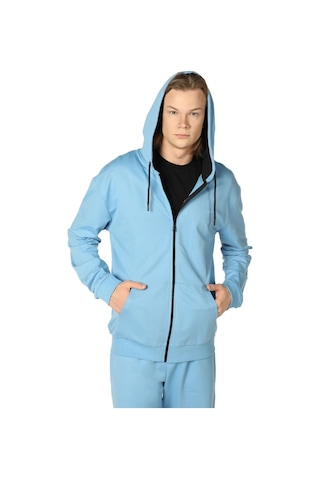 Erkek Kapüşonlu Fermuarlı Oversıze Sweatshırt Koyu Gri Mavi
