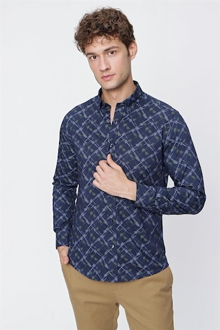 Lacivert Uzun Kol Baskılı Düğmeli Yaka Slim Fit Dar Kesim Klasik Gömlek 1004220289-lacivert Lacivert