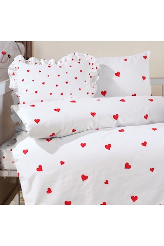 Lüks Ranforce Kumaşından Kırmızı Kalpli Bebek Nevresim Takımı 100x150 Kırmızı - Beyaz