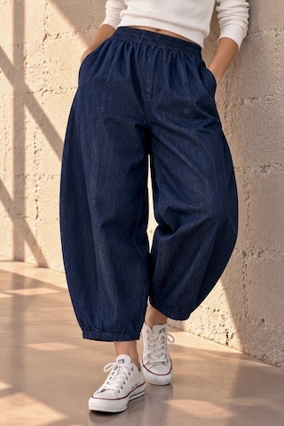 Bb Butik Basic Dökümlü Denim Balon Kesim Beli Lastikli Kadın Pantolon My3535 Mavi