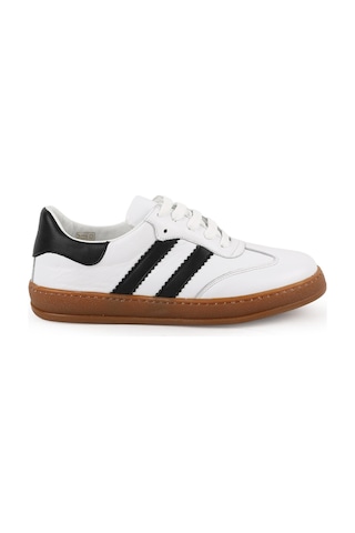 Lbr Kadın Sneaker Hakiki Deri Çift Şerit Çizgili Bağcıklı T-burun Karamel Kauçuk Taban Retro Ayakkabı L075.2324 Beyaz-siyah