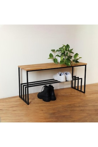 Doğal Ahşap Bovi Metal Ayakkabı Rafı Siyah