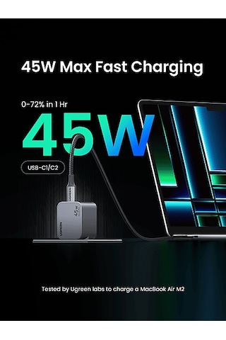 Ugreen Nexode Pro 45 W QC PD 2xUSB-C Gan Hızlı Şarj Cihazı Uzay Grisi