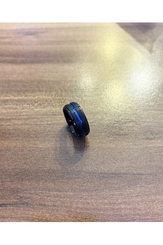 Erkek Siyah Renk Mavi Çizgi Detay Tungsten Yüzük Siyah - Mavi