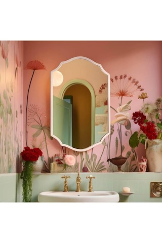 60x80 Beyaz Asimetrik Duvar Aynası/beyaz Çerçeveli Düzensiz Dekor Ayna/banyo Aynası 60 X 80 Çok Renkli