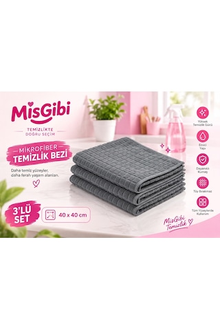 Misgibi Profesyonel 3'lü Mikrofiber Temizlik Bezi Kareli İz Ve Tüy Bırakmayan Gri