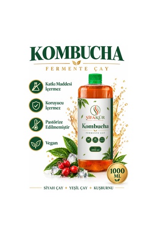 Kombucha Kamboça Çayı İçime Hazır Fermente Sıvı İçecek Kuşburnulu 1 L 1000 Ml