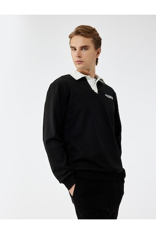 Koton Uzun Kollu Pamuklu Düğmeli Nakışlı Renk Kontrastlı Polo Yaka Sweatshirt Siyah 6wam70056mk Siyah