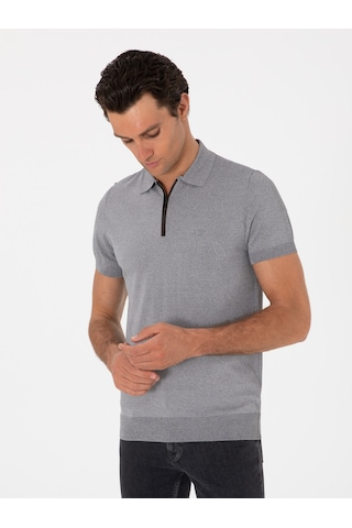 Gri Slim Fit Fermuarlı Polo Yaka Triko T-shirt