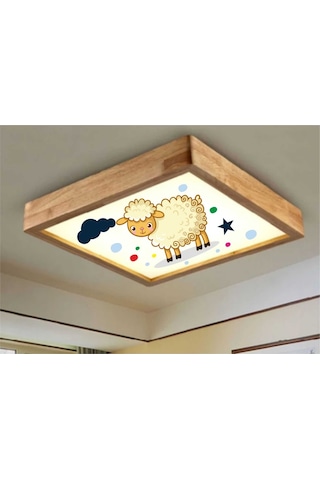 Ahşap Çerçeve Tavan Led Aydınlatma Avize 60X60Cm Kids Kuzu Beyaz