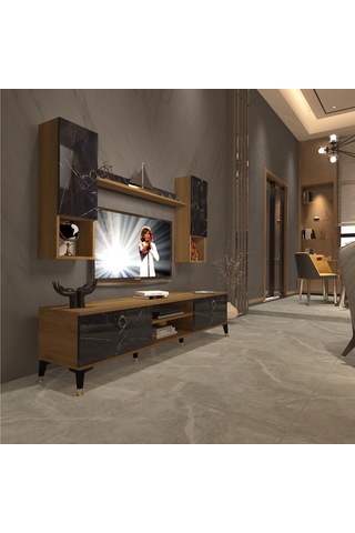 Decoraktiv Eko 5da Mdf Dvd Gold Tv Ünitesi Tv Sehpası Pera - Siyah Mermer