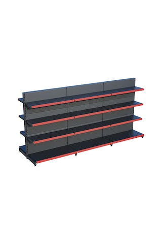 Çift Yönlü Market Orta Reyon Rafı 4 Katlı Antrasit, 3 Ünite W270 H140 D30/40 Cm Kırmızı