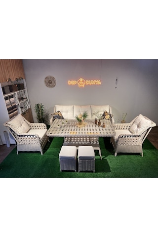 Depodunya Sercangarden Rattan Bahçe Balkon Teras Mobilyası Bahçe Takımı Oturma Grubu 7 Kişilik Bahçe Takımı Krem