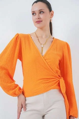 Defymoda 0441 Anvelop Örme Bluz - Turuncu Turuncu