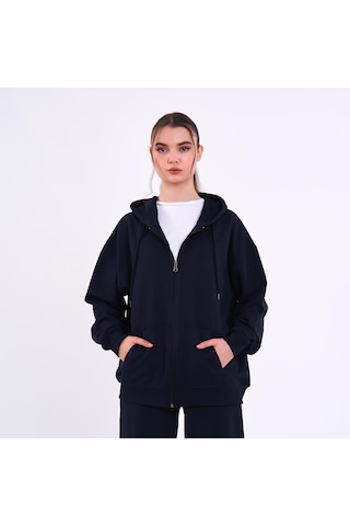 MMetalic Lacivert Kanguru Cepli Kapüşonlu Fermuarlı Oversize Kadın Sweatshirt Lacivert