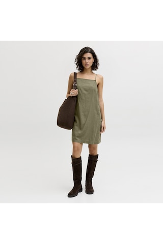 Kadin Kare Yaka Kolsuz Elbise - Almira - 12294717 Dusty Olive