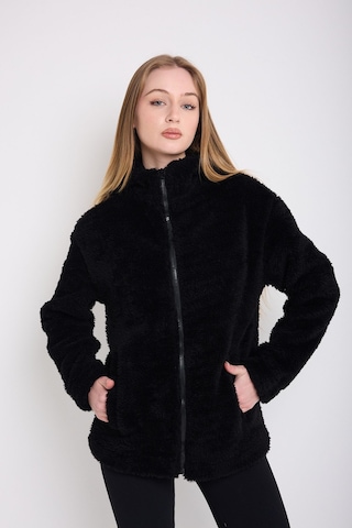 Kadın Siyah Peluş Rüzgar Geçirmez Welsoft Çift Cepli Kapüşonlu Kışlık Mont Siyah