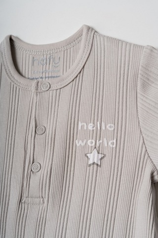 Hafy Baby Hello World İşlemeli, Kısa Kollu, Yazlık Bebek Tulumu Gri