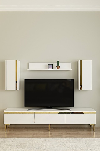 Tvr1898bg - Anka Tvr180 Tv Ünitesi Takım , Tv Sehpası Beyaz-gold 180cm