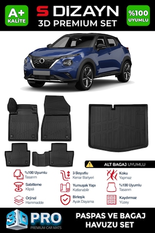 S-dizayn Nissan Juke 3d Pro Havuzlu Paspas Ve Alt Bagaj Havuzu Seti 2'li Set 2019 Üzeri A+ Kalite