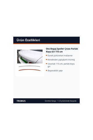 Trobus Oto Bagaj Spoiler Çıtası Parlak Koyu Gri 115 Cm