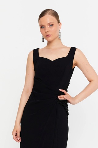 Doridorca Kadın Kolsuz Balık Form Abiye Elbise 7013 Siyah Siyah