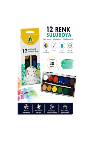 12 Renk Sulu Boya 30mm 1 Paket Adel 12 Li Suluboya Fırça Hediyeli Canlı Renkler Kaliteli Yıkanabilir Zararsız Büyük Boy Çok Renkli