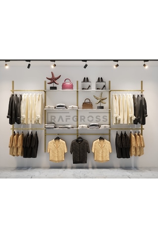 Mağaza Raf-Askılık Sistemi Butik Mağaza Stand 245 x 200 CM Gold - Mermer